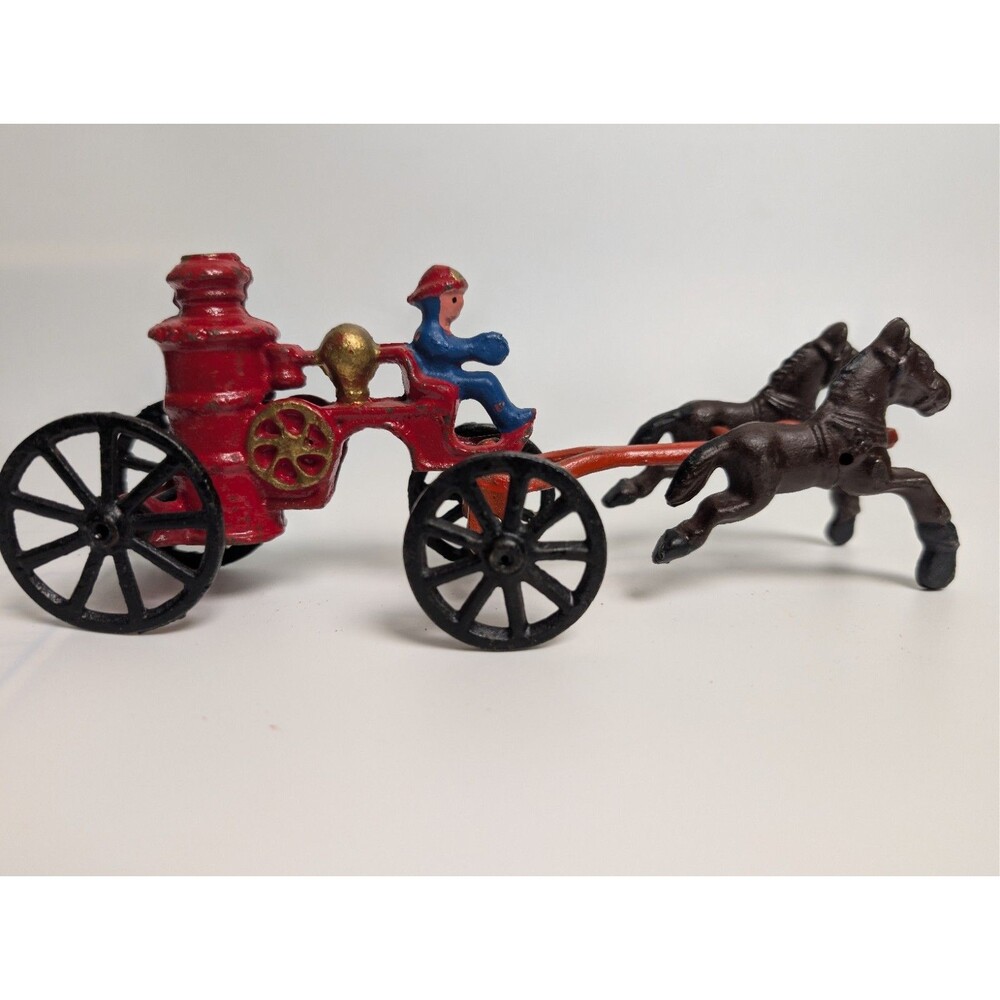 Vintage Cast Iron Horse Drawn Fire Pumper Wagon 8" Decorative Toy